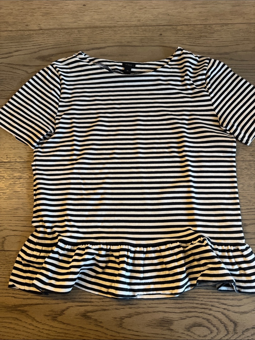 J. Crew Black and White Striped Peplum Short Sleeve Top
